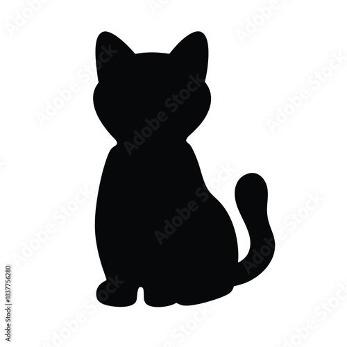 Black Silhouette of a Sitting Cat with a Fluffy Tail and Ears