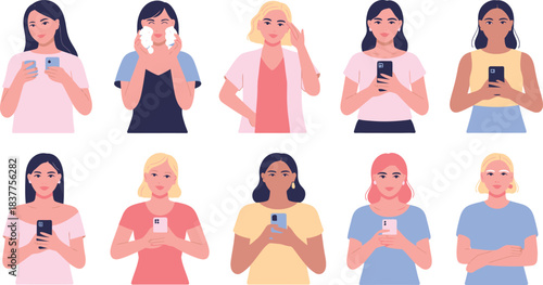 Diverse Group of Women Using Smartphones, Skincare, and Posing in Modern Cartoon Illustration