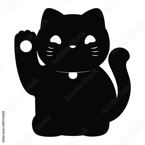 Minimalist black and white illustration of a beckoning cat for wealth