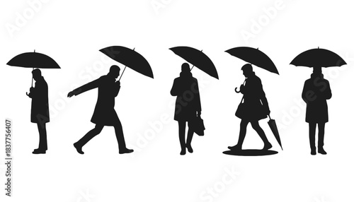Silhouettes of people holding umbrellas on a white background.