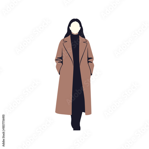 Elegant one woman fashion model posing in full length red coat and scarf standing in the studio