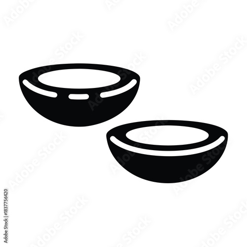Two halved coconuts, presented in black and white minimalist vector illustration