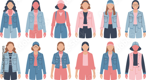 Diverse Women Fashion Illustration Denim Jackets, Shorts, Tops and Casual Outfit Concepts