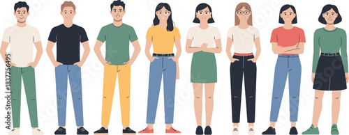 Group of Young Adults Posing in Casual Outfits with Various Colors and Styles