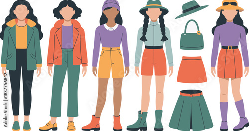 Flat Illustration Female Fashion Outfits, Dresses, Pants, Skirts, Hats, Accessories, Different Colors