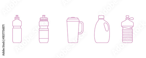 Group of water bottle line shapes, presented in a thin line design vector illustration, isolated

