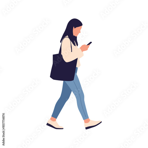 Young businesswoman standing and smiling holding a mobile phone on a white background