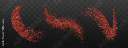 Spicy red pepper powder burst with dynamic seasoning splash and paprika dust. Flying chili flakes pile and hot spice particles scattered in explosive motion isolated on transparent background.