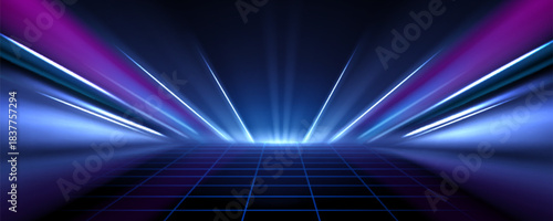 Speed motion neon tech lines on dark background with glowing blue and purple light effects. Abstract digital space with futuristic energy trails, cyber network flow and high speed data visualization.