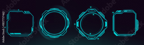 Futuristic HUD frames set isolated on transparent background. Vector realistic illustration of neon high tech game borders, cyberpunk ui design elements, hologram data boxes, virtual reality screen