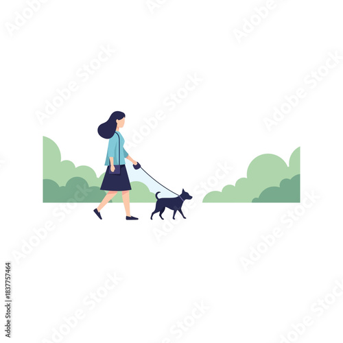 Black silhouette vector illustration of a man and woman walking their dogs on a leash, representing a loving family and their pets in a park