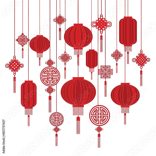a vibrant display of traditional chinese lanterns and decorative knots elegantly suspended from above creating a festive and culturally rich atmosphere high quality professional