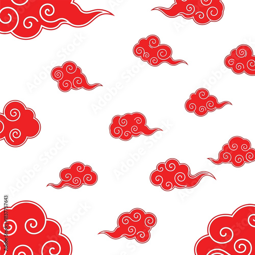 This image showcases a seamless repeating pattern of stylized vibrant red clouds against a pristine white background evoking traditional asian art designs high quality