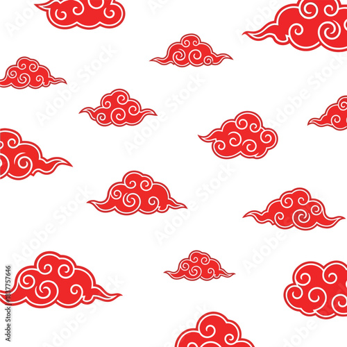 A seamless repeating pattern showcases traditional east asian style red clouds swirling across a pristine white background creating a visually striking design high quality