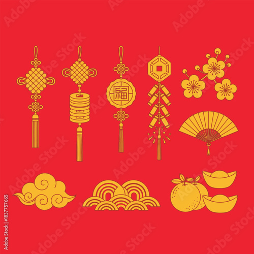 a vibrant collection of traditional chinese new year decorations featuring golden ornaments like knots fans blossoms and auspicious symbols on a red background