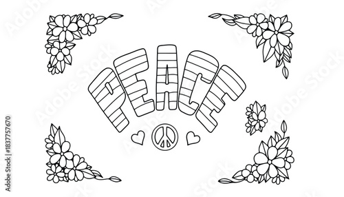 Line art illustration of the word 'PEACE' with floral decorations.