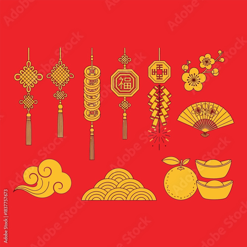 an arrangement of traditional chinese new year decorations including golden ornaments fans ingots and a cloud set against a vibrant red backdrop high quality
