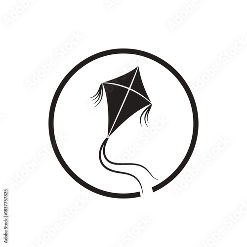 a simple black and white illustration depicts a kite enclosed within a circular frame suggesting themes of childhood freedom and outdoor recreation high quality