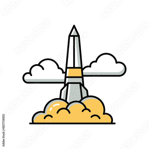 a colorful illustration depicts a rocket ship taking off with vibrant yellow and gray tones surrounded by fluffy white clouds and a dynamic trail of