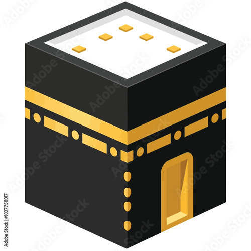 an isometric illustration depicts the kaaba a cuboid structure covered in black cloth adorned with golden embroidery and featuring a single doorway high quality