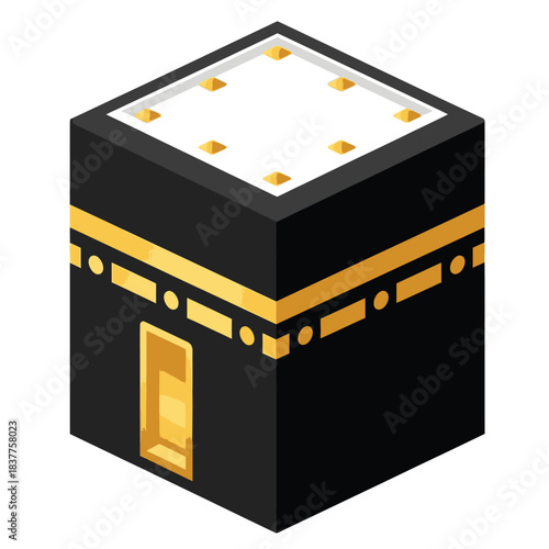 an isometric depiction of the kaaba a cuboid structure adorned with black cloth and golden embellishments showcasing islamic architecture and religious significance high quality