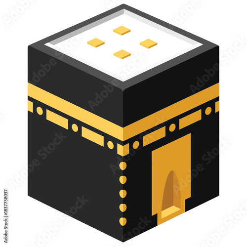 an isometric illustration depicts the kaaba a cuboid structure covered in a black cloth with golden embroidery symbolizing islam s holiest mosque high quality