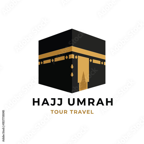 This image showcases a stylized depiction of the kaaba featuring golden accents and text indicating hajj and umrah tour travel services high quality professional