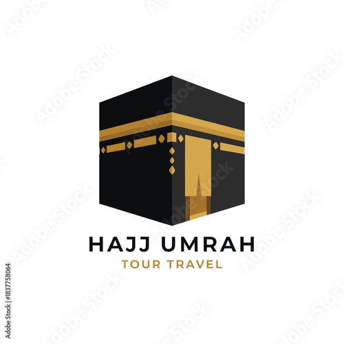 This image depicts a stylized representation of the kaaba a cube shaped building in mecca with text indicating hajj and umrah tour travel services