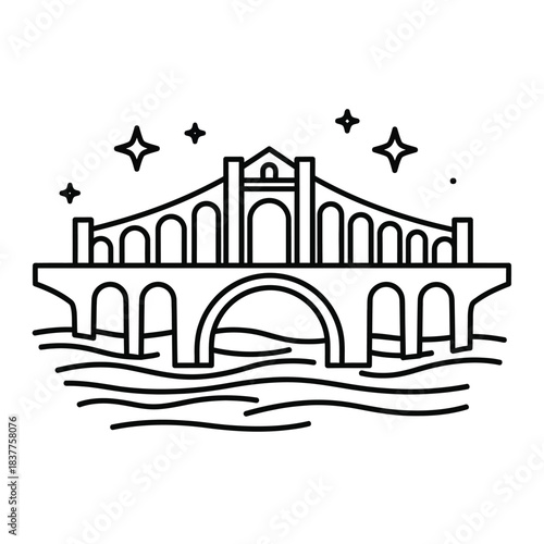 a detailed line art illustration showcases a bridge spanning across water decorated with sparkling stars above creating a serene and minimalistic landscape high quality