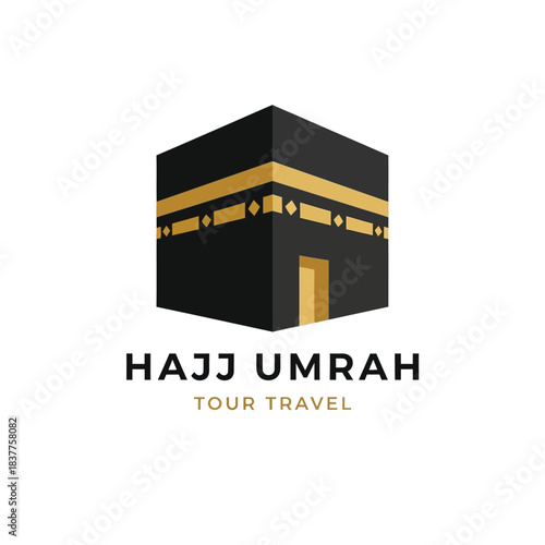 This graphic depicts the kaaba a cubic structure in mecca along with text indicating hajj and umrah tour travel services offered high quality professional