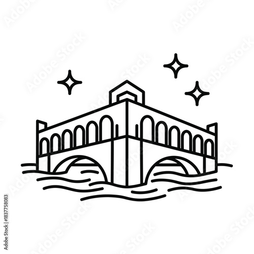 a minimalist black and white line drawing depicts a bridge over water with sparkling stars above evoking a sense of peaceful simplicity high quality