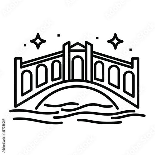 a charming black and white line drawing shows a picturesque arched bridge over water with stylized waves and sparkling star accents above it