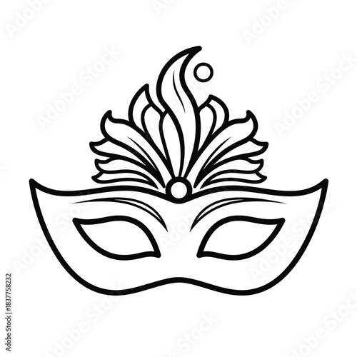 A detailed black and white line drawing depicts an ornate venetian mask with flowing feather details and elegant curves suggesting mystery and festivity
