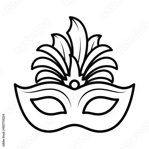 this is a black and white illustration depicting a classic venetian masquerade mask with ornate feather details and a smooth elegant design high quality
