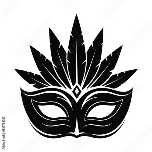 a striking black and white illustration depicts a stylized venetian mask featuring intricate feather like designs and a diamond centerpiece evoking mystery and elegance