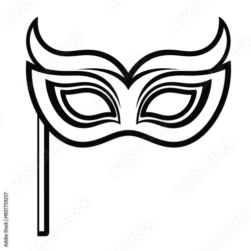 A striking black and white illustration showcases an elegant masquerade mask with a long handle suggesting a festive or theatrical context high quality professional