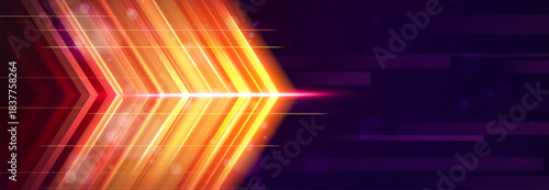 Orange neon arrow boost with glowing light speed effects on dark abstract background. Luminous geometric shapes and horizontal lines in dynamic tech motion atmosphere for digital innovation visuals.