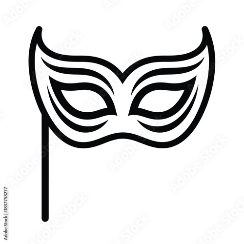 A simple black and white illustration depicts a classic venetian style masquerade mask with a handle showcasing elegance and mystery high quality professional detailed