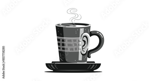 A surreal grayscale illustration of a steaming coffee cup with a detailed human ear for a handle, resting on a saucer on a white background.
