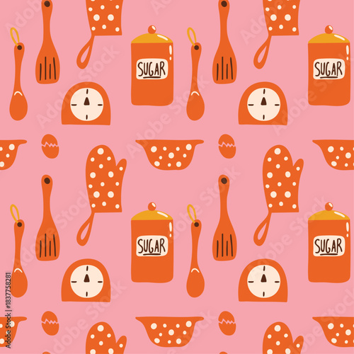 Baking time vector seamless pattern design with cute cartoon retro colorful illustration of different kitchen cooking equipment, tools, whisk, rolling pin, spoon, apron for recipe books, culinary blog