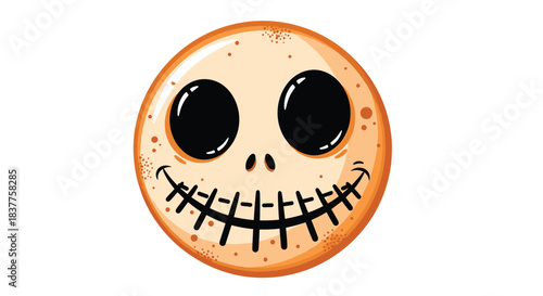 A cute and spooky cartoon illustration of a round, orange monster face with large black eyes and a stitched smile for Halloween.