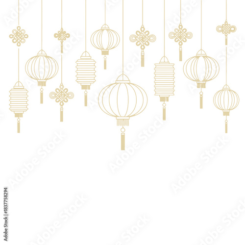 A beautiful arrangement of golden chinese lanterns and traditional knot decorations hangs gracefully against a clean white backdrop symbolizing celebration and good fortune