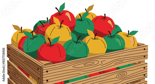 A vibrant, stylized illustration of a rustic wooden crate overflowing with a harvest of fresh red, green, and yellow apples.