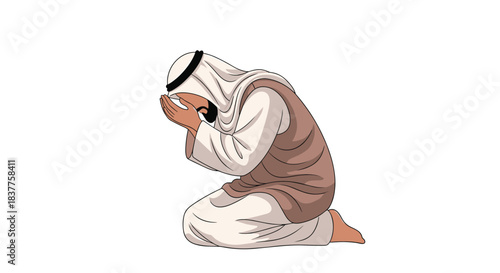 A respectful illustration of a Muslim man dressed in traditional thobe and ghutra, kneeling in a prayer position on a white background.