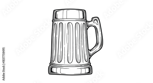 A classic black and white, hand-drawn illustration of a large glass beer mug or stein, detailed in a vintage engraving or ink sketch style.