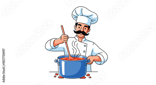 A cheerful cartoon illustration of a moustached chef in a uniform and toque, stirring a large pot of steaming red sauce with a wooden spoon.