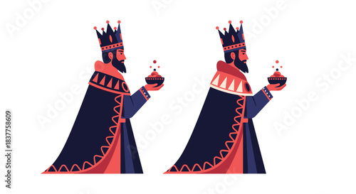 A flat vector illustration showing two variations of one of the Three Wise Men, or Magi, holding a gift for the Epiphany celebration.