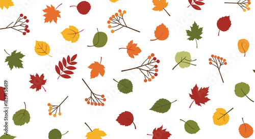 A seamless pattern of colorful autumn leaves and rowan berries scattered across a white background, creating a festive fall design.