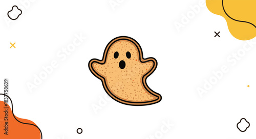 A cute cartoon illustration of a ghost-shaped cookie with a surprised expression, set against a white background with abstract shapes.