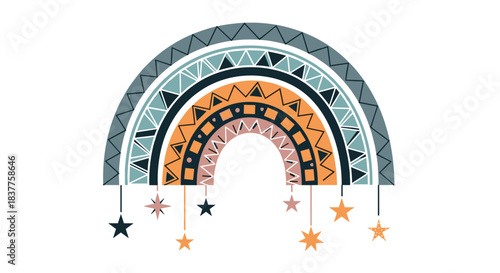 A charming bohemian-style rainbow illustration with intricate patterns, muted colors, and hanging stars, perfect for nursery or kids' decor.